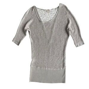 Arden B Women’s Sz XS Tan Silver Metallic Sequins 3/4 Sleeves Knit Sweater Tunic